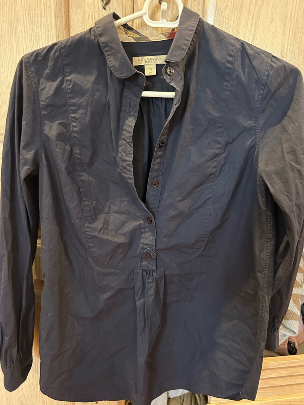 Burberry Navy Button-Front Shirt with Check Trim